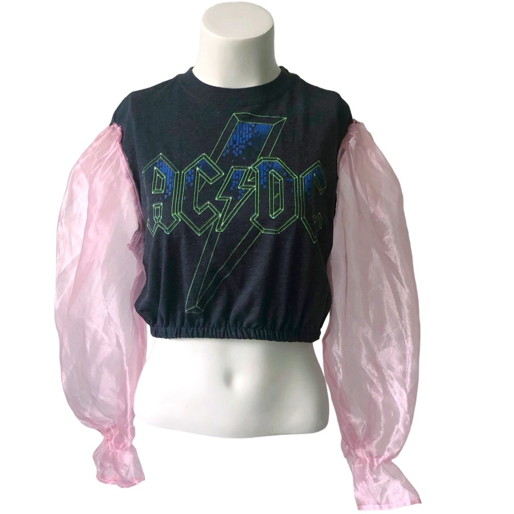 Upcycled one of a kind cropped AC/DC band tee with dramatic sheer tulle sleeves